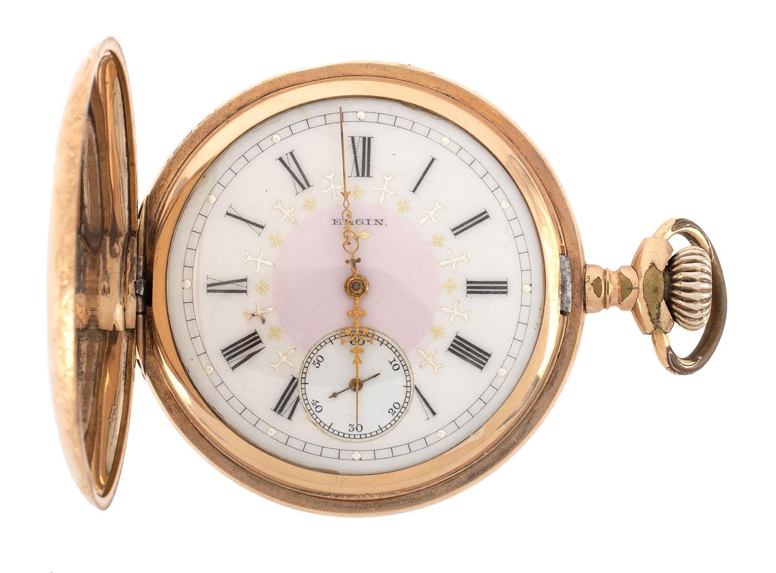 Elgin Gold Filled Pocket Watch: Elgin Nat'L Watch Co. U.S.A. 7 jewels serial # 7771078, decorative case marked Guaranteed J.Boss 25 Years # 8084475, 50mm. Overall good condition.