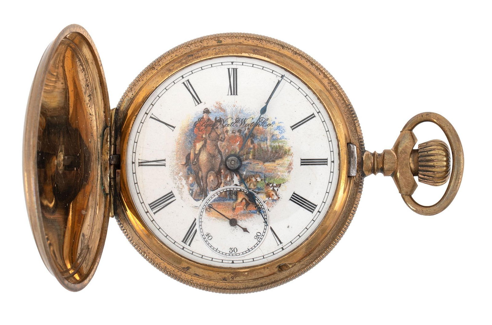 Elgin Watch Co. Gold Filled Pocket Watch: An Elgin Watch Co. equestrian related gold filled pocket watch, having a sporting equestrian themed face with roman numerals, works marked Elgin Nat'L Watch Co. serial # 6137483, case marked with