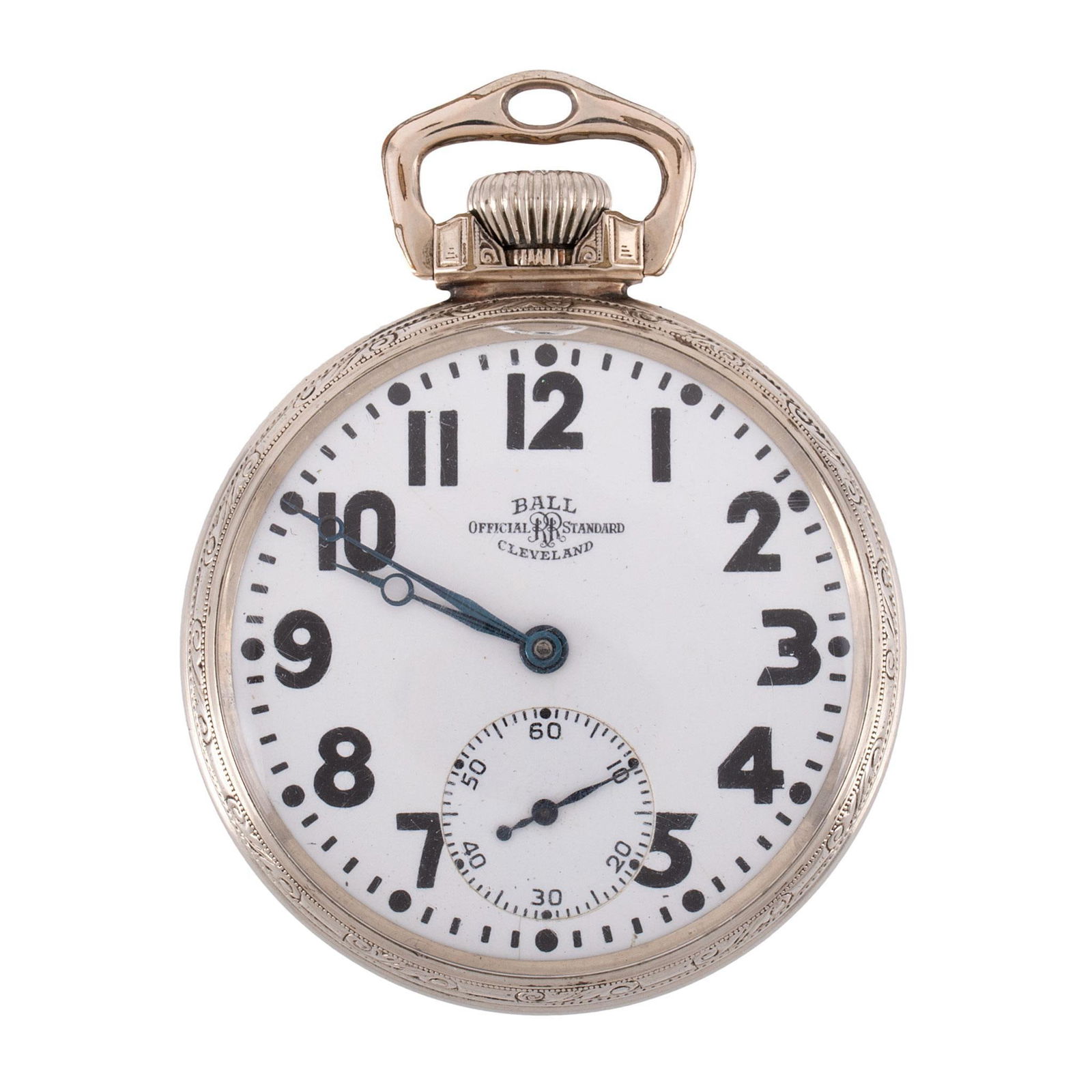 Ball Watch Co. White Gold Filled Open Face Pocket Watch: A Ball Watch Co. 14K white gold filled railroad standard open face pocket watch, works marked Ball Watch Co. Cleveland O. The Official Standard 23 jewels serial #B801717, case marked Ball Official RR