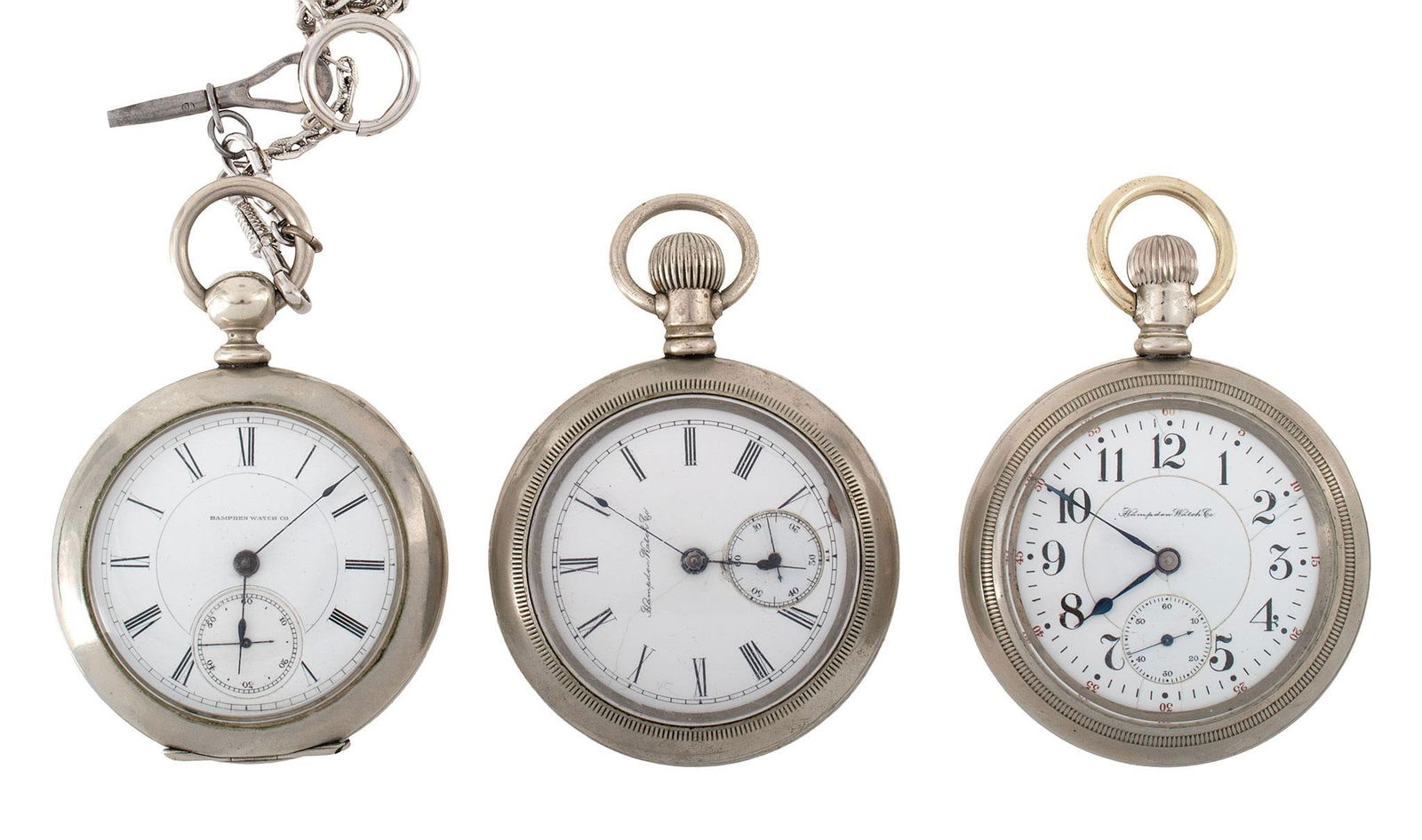 A Grouping of 3 Hampden Pocket Watch: A group of 3 57mm alloy open face pocket watches by Hampden, single Lakeside model serial #153468, single Hampden serial #177195, and a North American Railway model serial #1443587, all 57mm. Overall