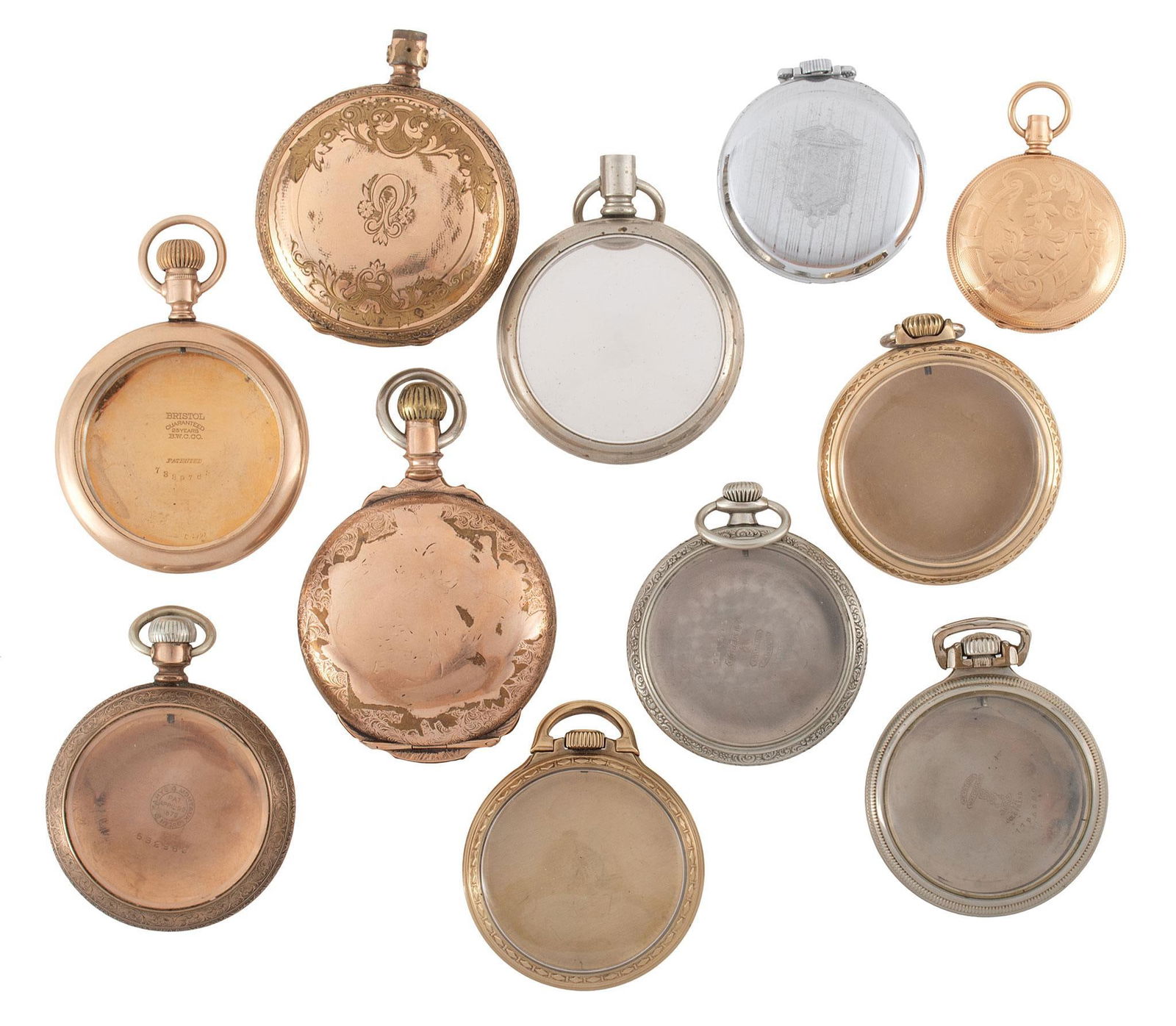 A Group of 14 Pocket Watch Cases: A Group of 15 various pocket watch cases, 6 of the are marked gold filled the remainder not, various sized from 38mm-54mm cases. Overall fiar to good condition.