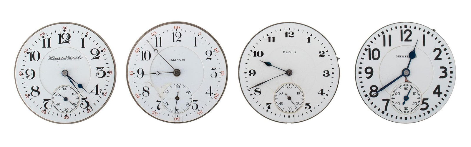 Grouping of Various Made Pocket Watch Movements: Lot consists of four various pocket watches movements, makers include a Hamilton 41mm serial #350955, a Hampden Watch Co. model 108 41mm serial #3409291, an Elgin 41mm serial #22341792, and an Illinoi