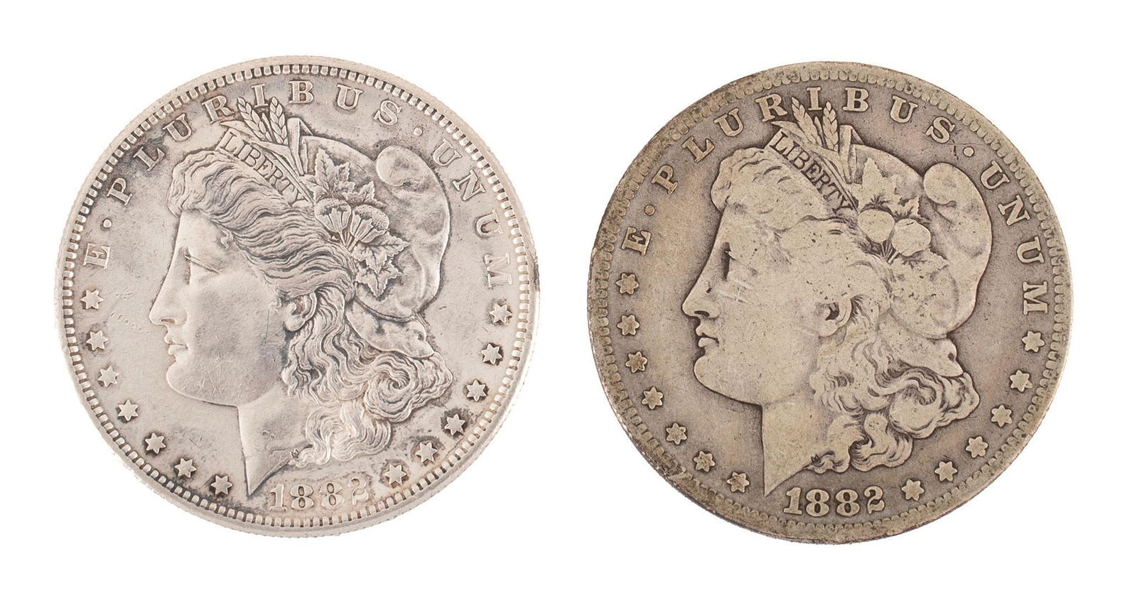 Two United States 1882-S Silver Morgan Dollar Coins (1 of 2)