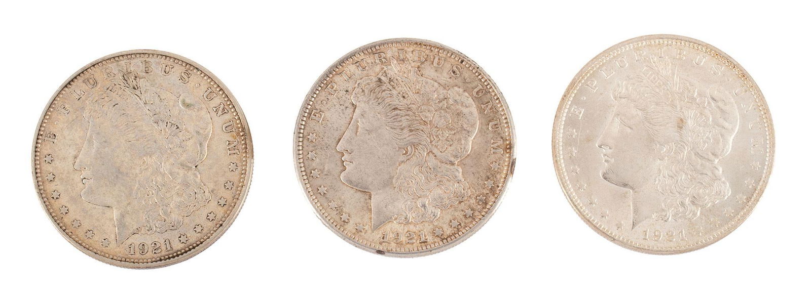 Three United States 1921 Silver Morgan Dollar Coins (1 of 2)
