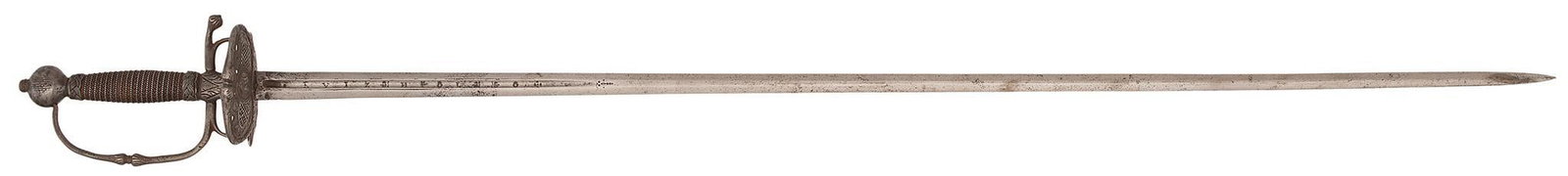 A Good Late 17th Century Continental Transitional Rapier With Finely Pierced Disc Guard: 35" blade with markings in the center fuller. The blade with central fuller and struck with maker's marks. Fine wire-wrapped grip. Chiseled guard with pommel chiseled ensuite. A fine example of its ty