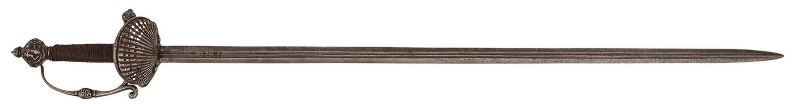 An Attractive 17th Century Composite Shell Guard Rapier.: 33" blade with two center fullers. The marks are in the fuller. The shell chevroned and pierced. Pommel chiseled in high relief. Wire bound wood grip. Blade with long fuller. Missing the pinned washer