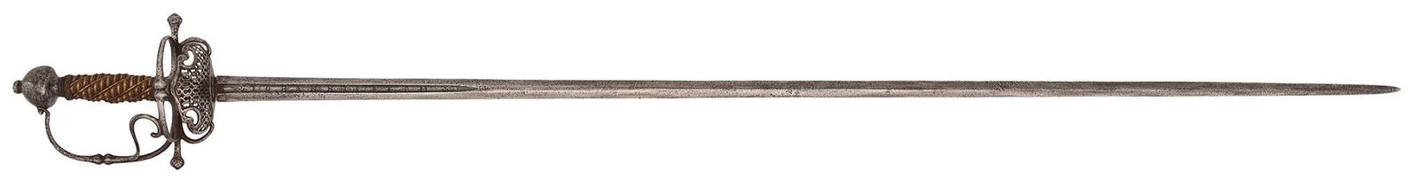 A Fine 17th Century Continental Transitional Rapier With Beautifully Sculpted And Pierced Guard: 40" blade with maker's mark in the center fuller. Copper wire wrapped wood grip. Ovoid pommel. Fine blade with short central fuller. This fine example appears homogenous. The metal is gray with some d