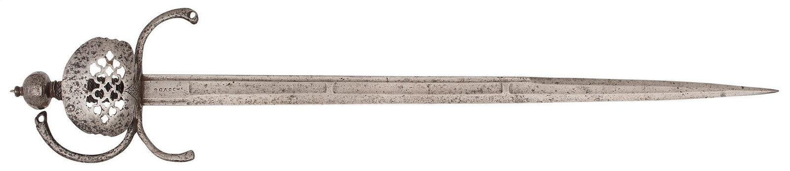 An Elegant And Rare Early 17th Century Italian "Crab Claw" Short Sword.: 28" blade. The beautifully forged blade signed "SCACCHI" with three recessed panels and single edge. The hilt with elegant guard finely pierced. Wire bound wood grip with "Turk's Heads." Faceted onion