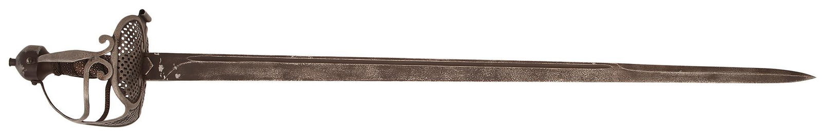 A Rare And Fine Mid 17th Century North European Military Backsword With Finely Pierced Hilt: 33" blade with spear point, single fuller, and 10" false edge. Iron guard decorated. Finely pierced cup hilt. The handle of ray skin and iron wire wrapped. Overall good to very good. Provenance: Ex. C