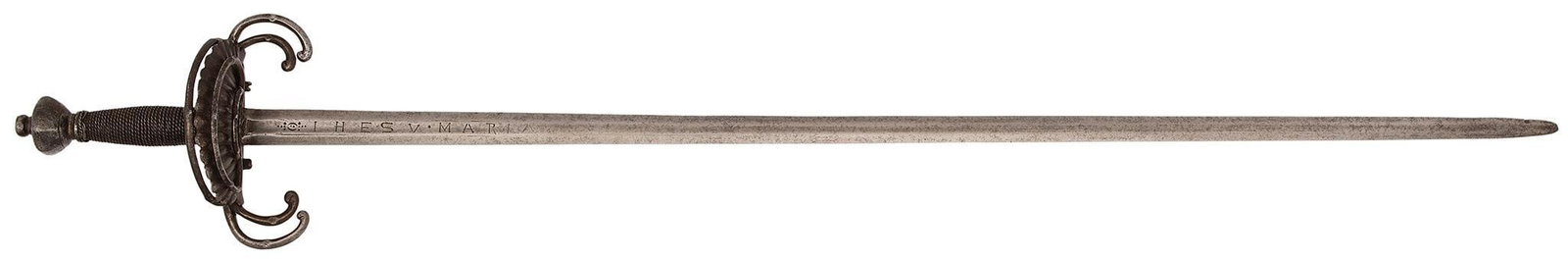 16th or 17th Century Pisan Italian Rapier With Crab Claw Style Hilt: 32" blade with maker's marks in the center fuller. And domed pommel, wire bound wood grip. The blade is smooth metal with some staining. A nice even gray to patina look. Provenance: Ex. Collection of 