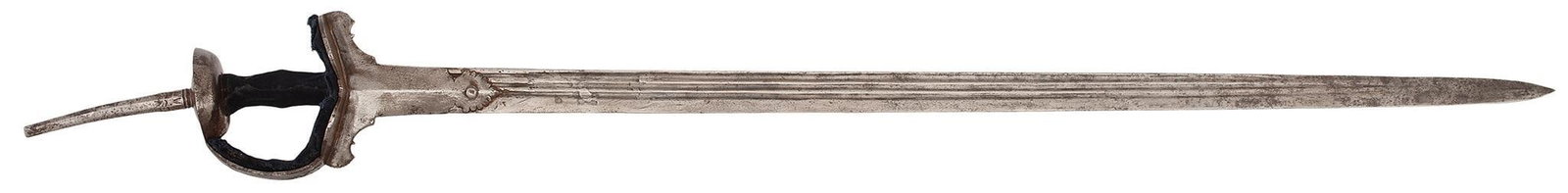 An 18th/19th Century Indian Firangi: 37.75" blade with three fullers. The blade has some staining. The handle is covered in a blue velvet. The hilt chiseled in low relief with foliage. Overall good condition. A very good example of this 