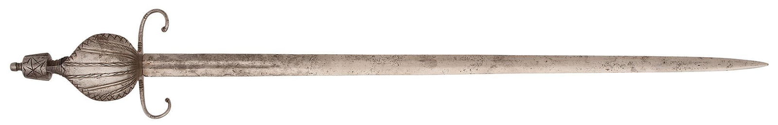A Scarce Mid 17th Century Variant Italian "Crab Claw" Rapier With Shell Guard,: 29" blade, ovoid pommel, recurving quillions. Wire bound wood grip with "Turk's Heads". Wide rapier blade with single fuller. All metal is gray with some light staining. A handsome sword. Provenance: 