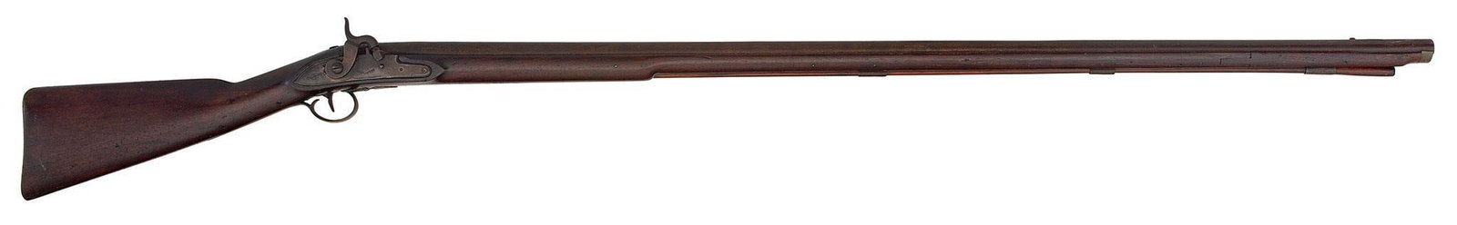 Northwest Trade Musket: .750 bore diameter, 50" barrel, NSN. Lockplate has a crest engraved in the rear of the plate; the front part of the lockplate is marked "Warranted" in an oval. Full walnut stock. Brass furniture with 