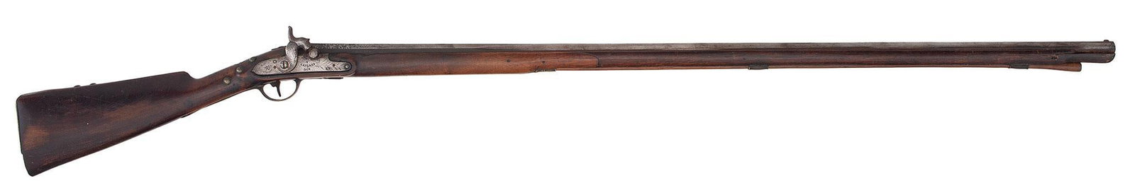 Early Ketland Northwest Trade Musket: .580 bore diameter, 44" octagonal to round barrel, NSN. Marked on the top flat: London, with Birmingham proof marks. Lockplate marked T. Ketland & Co. Brass triggerguard and buttplate. A silver co