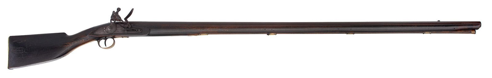 Club Butt Northwest Trade Musket: .70 bore diameter, 52" barrel, with British proofs near the breech on the left side, NSN. The lockplate marked Barnett, London. Full walnut stock with brass furniture, a brass sideplate with three