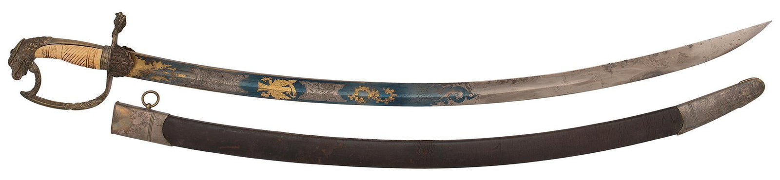 Early Philadelphia US Eagle Head Cavalry Officers Saber: 32" blade with blue and gilt panoply of arms, eagle with E Pluribus Unum. Beautiful carved bone handle, silver mounted guard and eagle pommel. Original silver mounted leather scabbard with silver thro