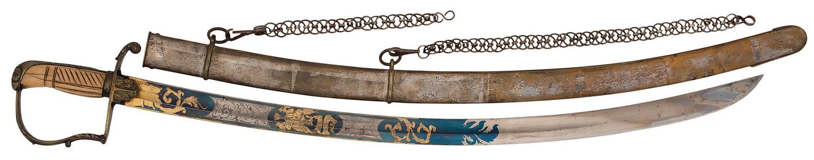 Pattern 1810-1820 Officers Saber: .30" blade, 1.25" wide. Blade is etched with panels of military panoply, with eagle and E Pluribus Unum. Rich panels of blue and gilt. Silver flashed guard and backstrap. White bone handle. Silver pla