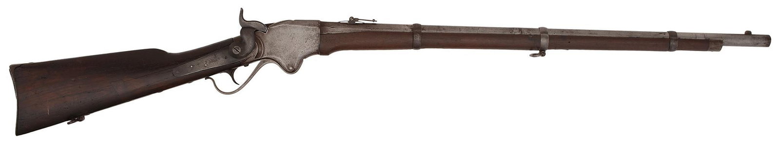 Model 1860 Civil War Spencer Repeating Rifle: .52 caliber, 30" barrel, S/N 1080? More than likely one that was issued to Co. M, 10th Mich. Vol. Cav. Has some research with the rifle. Spencer marking on the top of the frame. Three barrel bands,