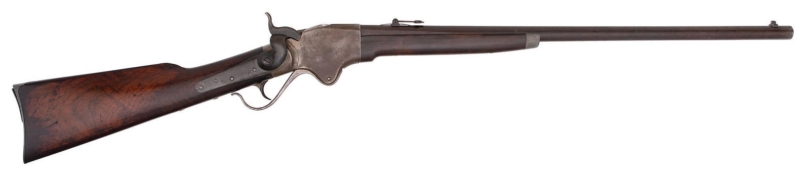 Spencer Sporting Repeating Rifle: .46 RF caliber, 26" barrel, S/N 11822. Marked on the top of the frame with Spencer markings. Finely figured walnut stock with white metal tip forearm. The barrel is smooth and mostly patina brown.
