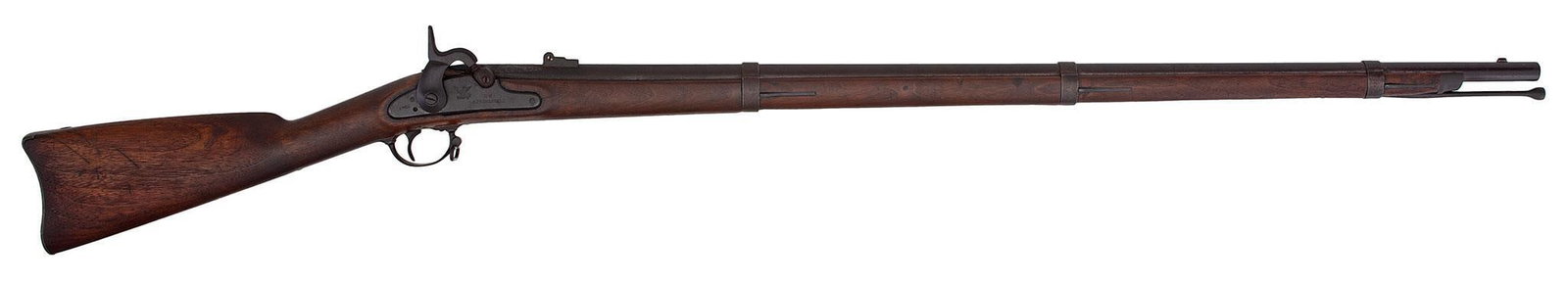 US Model 1861 Springfield Rifled-Musket: .58 caliber, 40" barrel, Lockplate dated 1862, rear two leaf musket sight. Three barrel bands, Walnut stock. The metal is brown with some pitting around the breech. The stock has burn out around the