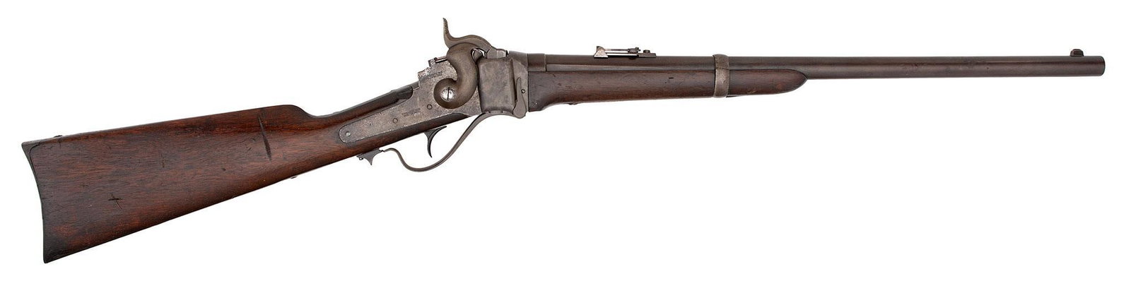 Model 1868 Sharps Carbine: 50-70 caliber, 22" barrel with three land and groove rifling, S/N 87720. The barrel retains some of the original blue finish, just thinning a little. The frame is a smooth gray to brown with some