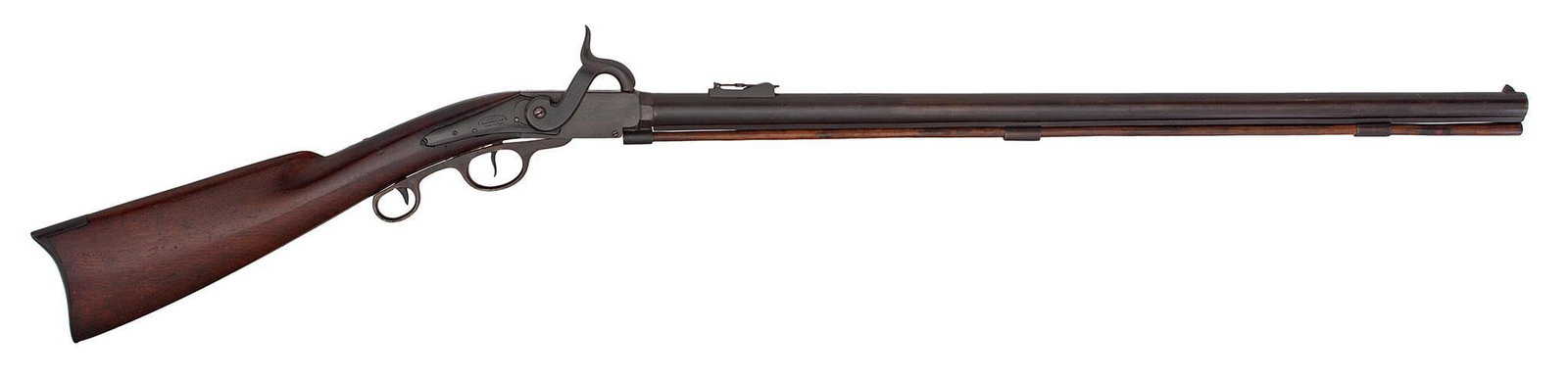 Rare Cosmopolitan Arms Co. Percussion Rifle: .52 caliber, 30.5" barrel, S/N 104. Military style rear barrel sight, blade front sight mounted on a small ramp. Lockplate marked "Cosmopolitan Arms Co. Hamilton, Ohio, Gross Patent." Brown finish. Wa