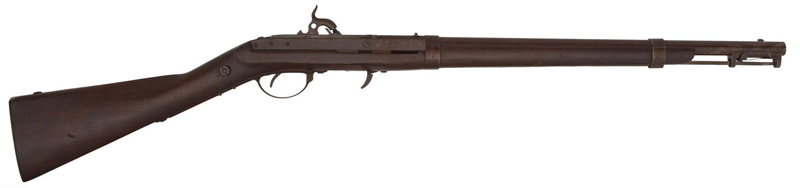 Model 1836 Hall U.S. Breechloading Rifle: 64 caliber, 23" barrel smooth bore, NSN. Top of breechblock marked J H Hall U.S 1839. Sliding rod bayonet, iron loop in the left side of stock. Case colored breechblock, brown barrel, bands and trigge