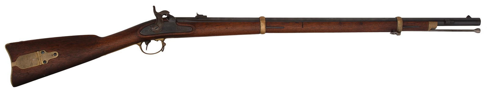 Remington Model 1863 Percussion Contract Rifle: .58 caliber, 33" barrel, 7 groove rifling, rear musket sight, front blade. Lockplate marked U.S Eagle Remington's Illion N.Y and dated 1863 on the rear of the lockplate. Top of breech marked 1863