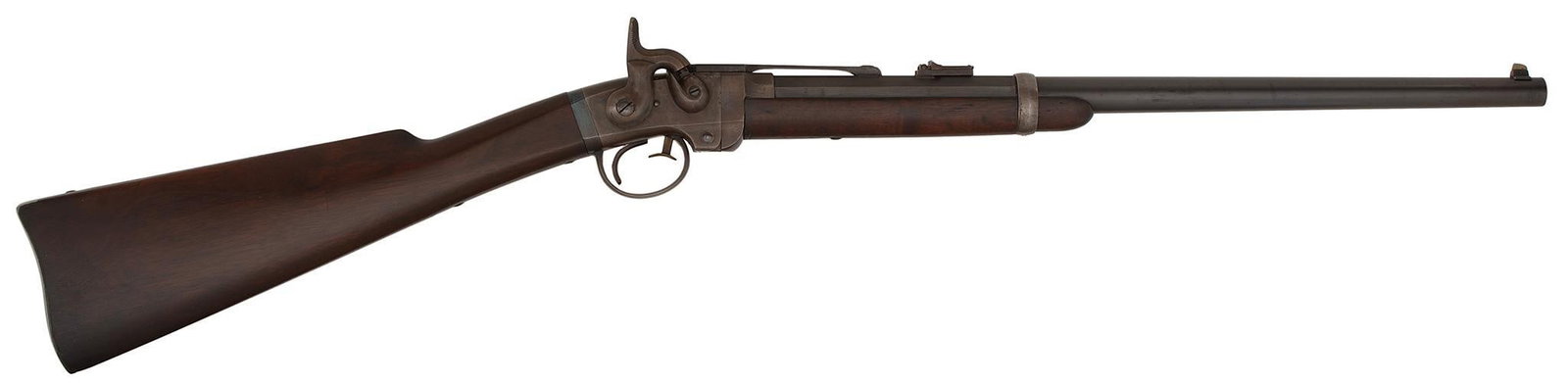 Smith Civil War Carbine: 50 caliber, 20" barrel, S/N 20938. The frame marked Mass Arms Co. Blue barrel, case colored frame. Walnut stock and forearm. **The barrel retains most of the blue finish. The frame has a lot of the