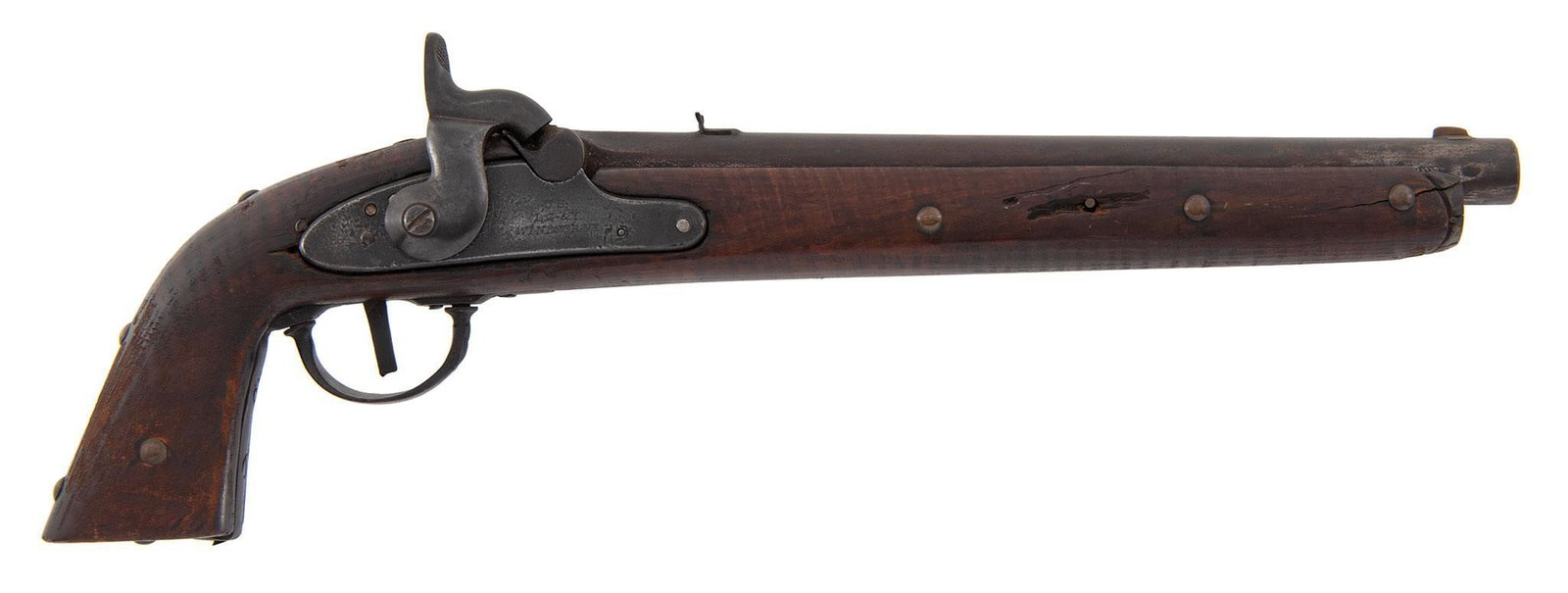 Blacksmith Conversion of a U.S. Model 1861 L.G.&Y. Contract Musket into Pistol: .58 caliber, 13" barrel length, NSN. Front blade sight and added rear notched sight. Iron triggerguard with walnut stock. Added decorative brass tacks. Lock is marked "U.S." over "L.G.&Y." over