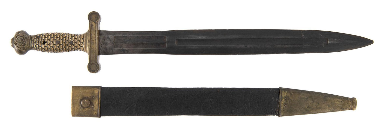 Ames Pattern 1832 Foot Artilley Sword: 19" spear point blade with two fullers over one fuller. Fish scaler handle and brass crossguard. Marked on one side with Springfield Ames and Eagle. On the reverse, "United States" and dated 1834.