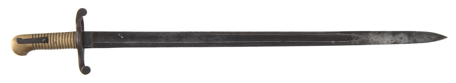 Colt Revolving Rifle Brass Handle Saber Bayonet: 24.25" blade length, marked on the ricasso S&K. Brass handle. Sub-inspector's marks on the top of the handle. Overall very good. The blade has a nice, untouched patina. The brass has a nice dark