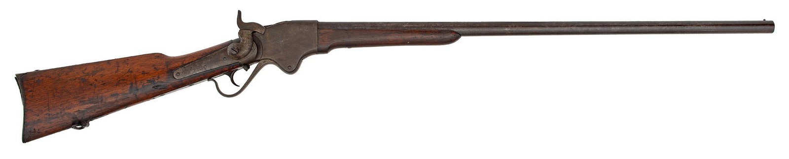 Spencer Repeating Arms Shotgun: 56-50 smooth bore caliber, 30" round barrel, S/N 20894. No markings on the top flat of the frame, walnut stock and forearm. The barrel is a deep dark brown, with some staining. The frame, lock and ham