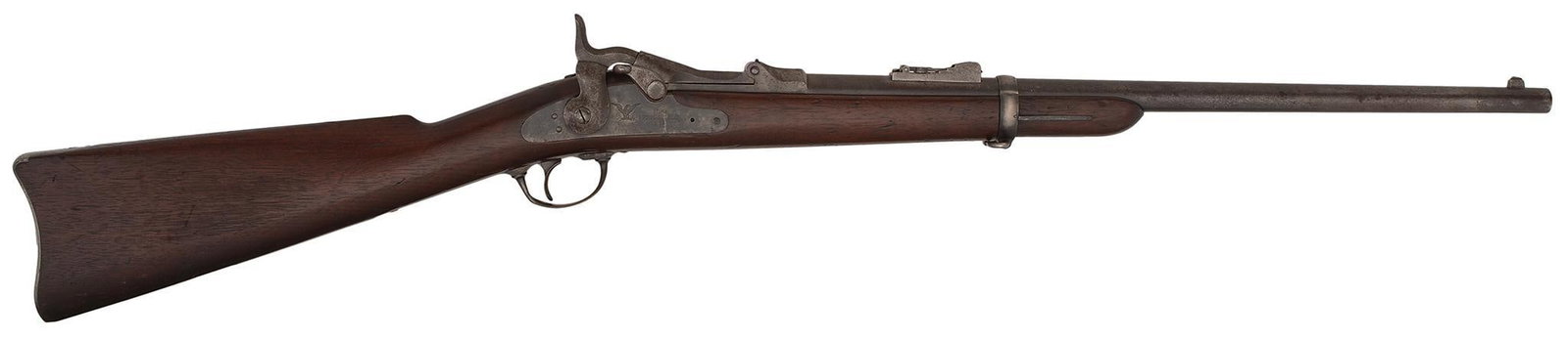 US Springfield Model 1877 Trapdoor Carbine: 45-70 caliber, 22" barrel with large VP and eagle barrel proofs, S/N 76520. Early lockplate with 1873 date. Early 73 carbine rear barrel sight. Stacking swivel, cleaning rod in the buttstock. Early ke