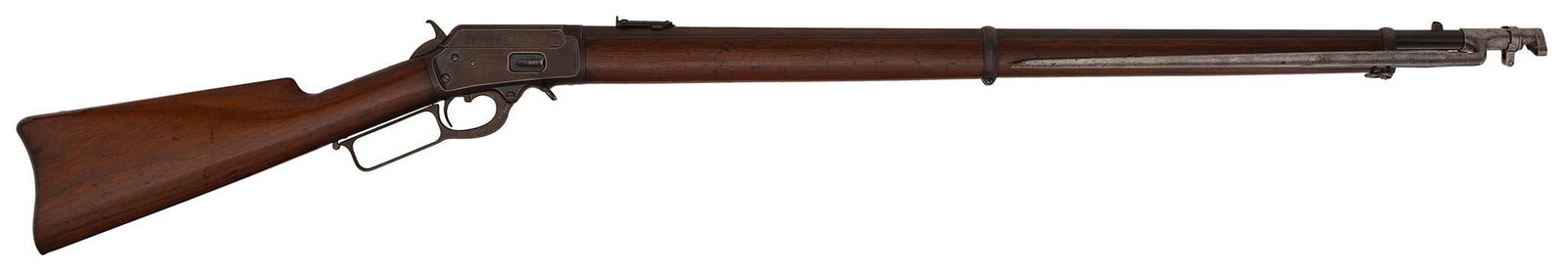 The Ultimate Rarity Marlin 1894 Musket with Bayonet (Antique): .38-40 caliber, 30" barrel, S/N 112223, Blue finish, varnished walnut stock and forend. Original cleaning rod mounted on the left side of the barrel. Has its original blued bayonet. The barrel has a