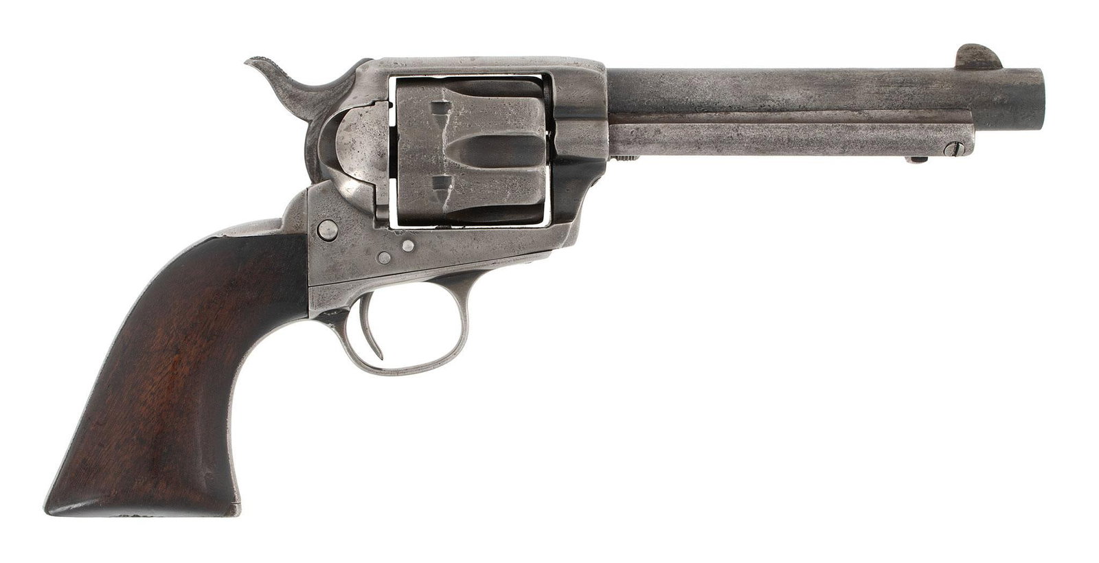 Colt US Army Single Action Artillery Revolver: .45 caliber, 5.5" barrel, S/N 140358. Barrel with single-line address, a small P and A on the underside of the barrel. Blue and case colored finish, one-piece walnut grips. The frame, backstrap, and t