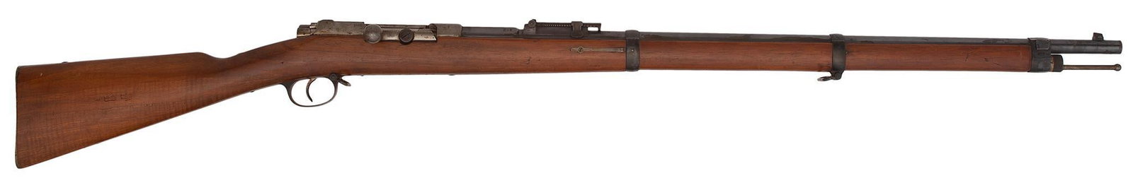 Mauser Model 71/84 Spandau Rifle: 11x60 mm R caliber, 32" barrel, S/N 9396. Barrel is blue, the receiver is polished in the white. All matching numbers. Walnut stock. The barrel retains most all of the blue finish. The barrel bands st