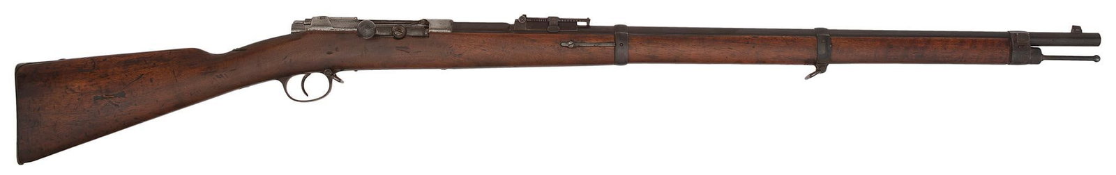 Model 71/84 Amberg Rifle (Antique): 11x60 mm R caliber, 32" barrel, S/N 9034. Marked on the top of the barrel near the breech Amberg. The receiver is marked H G Mod 71/84. Barrel is blue, the receiver is polished in the white. All match
