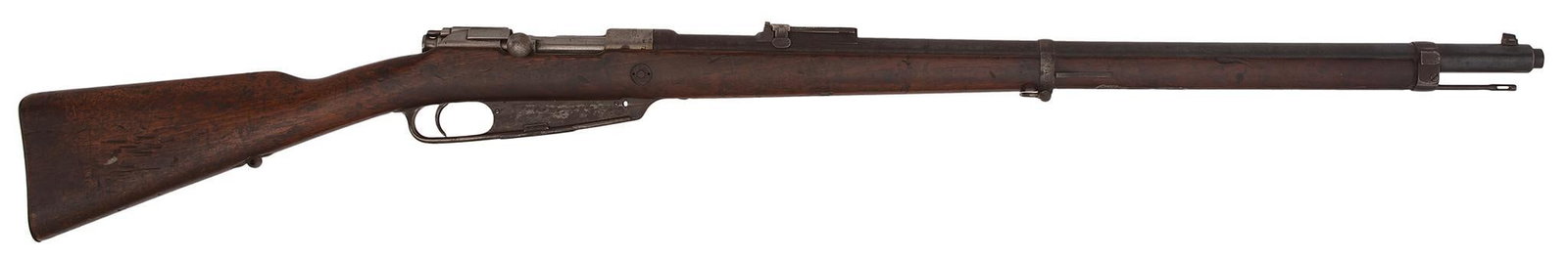 Mauser Model Gewehr 88 (Antique): 7.92 x 57 mm R caliber, 30" barrel, S/N 753. Top of the receiver marked Lowe Berlin and dated 1890. Blue barrel, polished receiver and bolt. Walnut stock, unit markings on the middle band. The left si