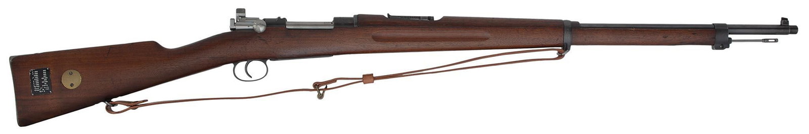 ** Carl Gustafs 1917 Swedish Mauser Bolt Action Rifle: 6.5x55mm caliber, 30" barrel, S/N 426151. All matching numbers. Retaining a lot of the original blue finish. The bolt polished in the bright. Has its original cleaning rod. **Walnut stock and handguar