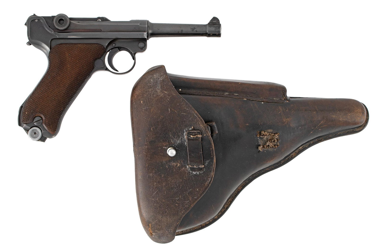 ** World War II Luger Pistol: 9mm caliber, 4" barrel length, S/N 9842. Top of the frame marked "1940." Right side of the frame and barrel marked Waffen proofs. Front blade sight and rear notched sight. Blue finish with checkered w