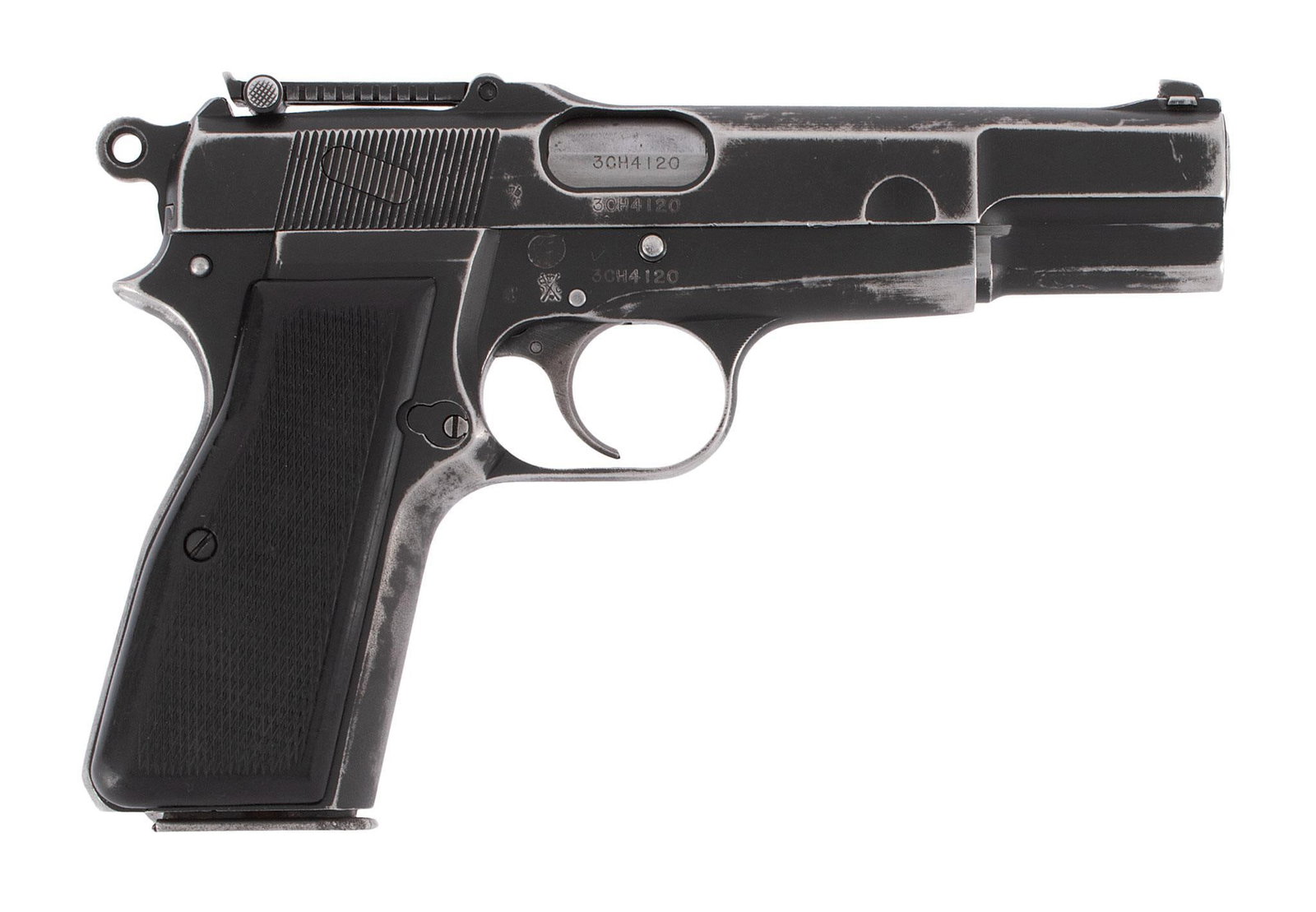 ** Browning Hi-Power Inglis Chinese Contract: 9MM caliber, 4.5" barrel, S/N 3CH4120. Tangent rear sight, cut for stock. Lanyard ring in the frame on the left side. Chinese markings on the left side of the slide. This pistol retains a lot of the o