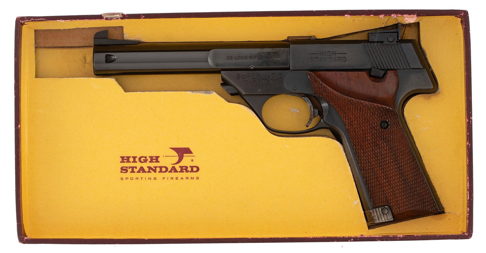 ** Hi-Standard Military Model 107 Supermatic Tournament Pistol: .22 long rifle caliber, 5.5" barrel length, S/N 2009678. Left side of the barrel marked with caliber. Left side of the slide marked "High" over "Standard". Left side of the frame marked "Supermatic" o