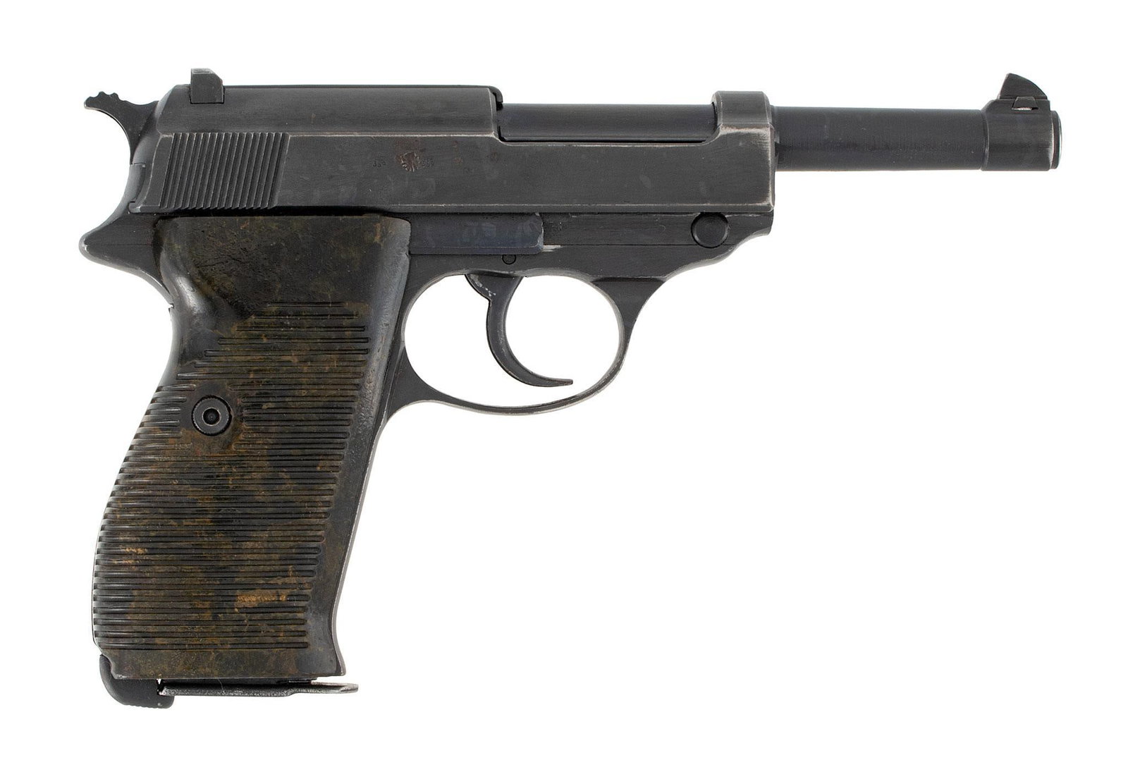 ** German P38 Pistol AC 45: .45 caliber, 5" barrel, S/N 7598A. The left side of the slide marked P. 38, AC 45. Blue finish with brown Bakelite grips. **This pistol retains most of the original blue finish. The grips are excellen