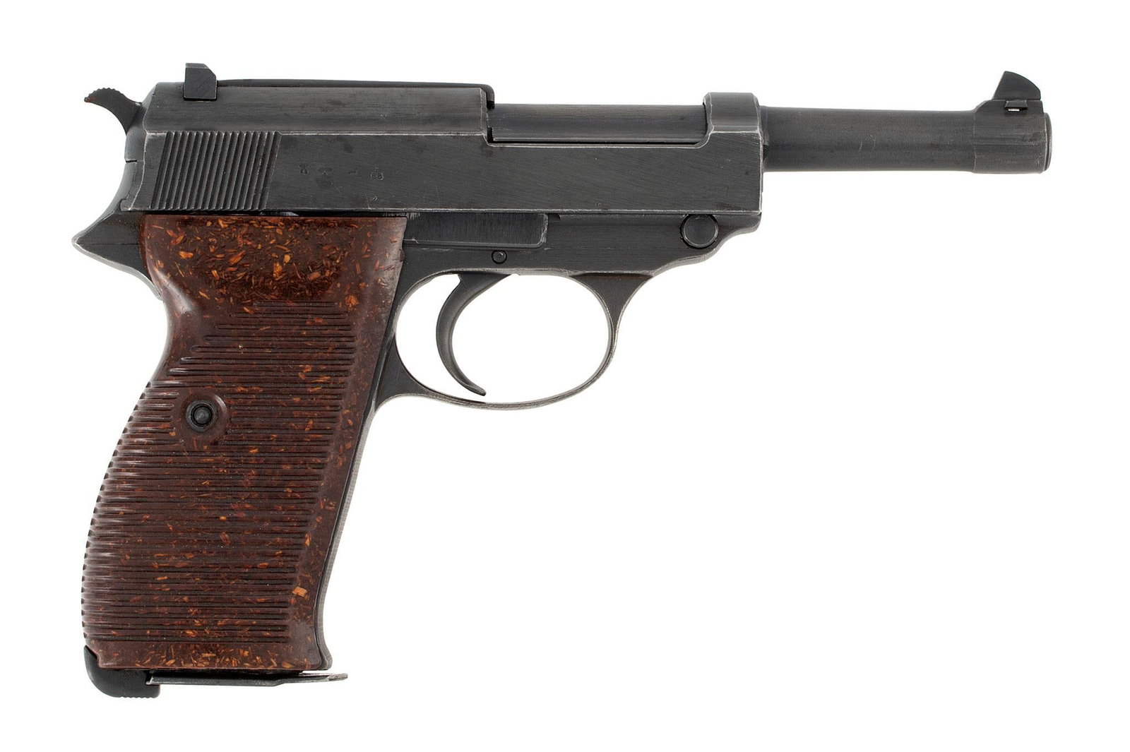 ** German WW2 CYQ P38 Pistol: 9mm, 4.75" barrel, S/N 8151. Slide marked CYQ. Blue finish with brown grips. Early war time polished blue finish, with Nazi proofs on the right side of the slide. **This pistol retains a lot of the or