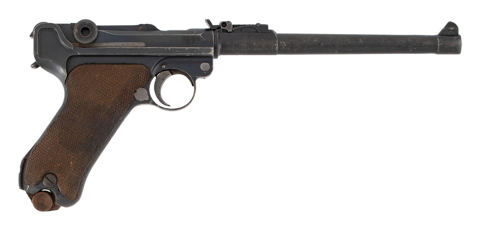 ** WWI German 1917 DWM Artillery Luger: 9mm caliber, 8" barrel, S/N 2833. Blue finish, checkered walnut grips. All matching numbers including the magazine. The sideplate is a replacement and they renumbered it to match. **Retaining a lot