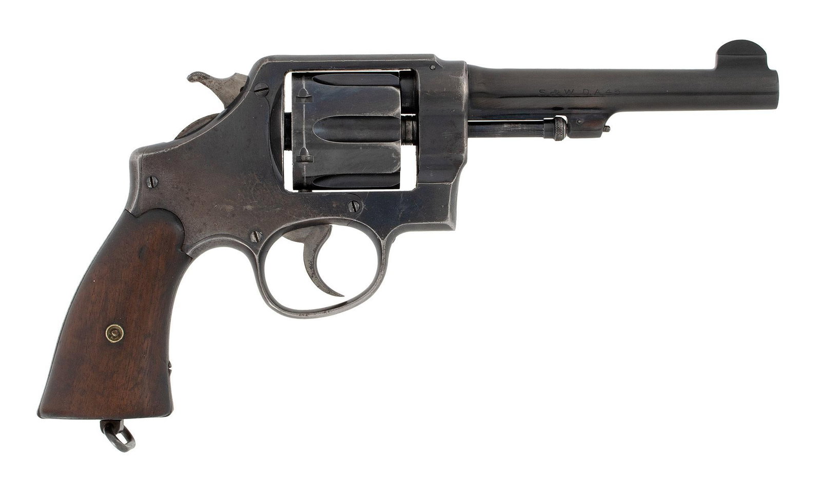 ** Smith and Wesson US Army Model 1917 Revolver: .45 caliber, 5.5" barrel, S/N 44946. Marked on the bottom of the butt U.S. Army Model 1917 with lanyard ring. **This revolver retains a lot of the original blue finish, with wear to the front and
