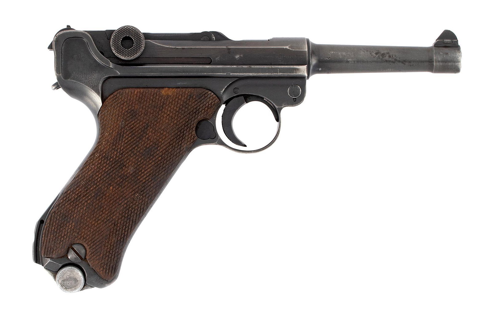 ** German Luger 42 P08 Pistol: 9mm caliber, 4" barrel, S/N 6400. Blue finish with checkered walnut grips. Marked 42 on the top of the breech, marked BYF on the toggle. All numbers match except the magazine. **This pistol retains a