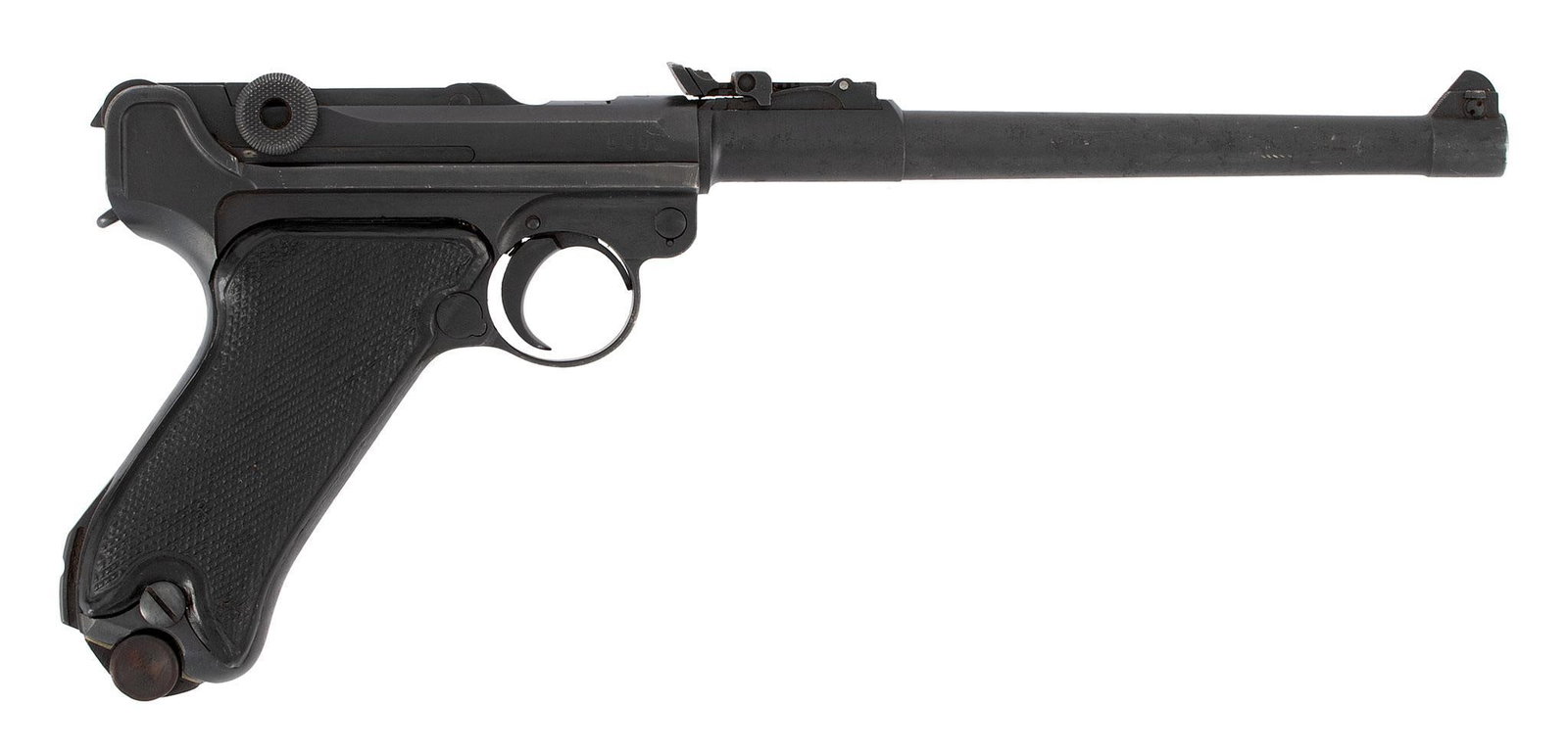 ** German Artillery DWM Luger Pistol: 9mm caliber, 8" barrel, S/N 2899. Blue finish with replacement black checkered grips. This pistol is an old refinish. All numbers match except for two parts, the sideplate and locking bolt. The bore