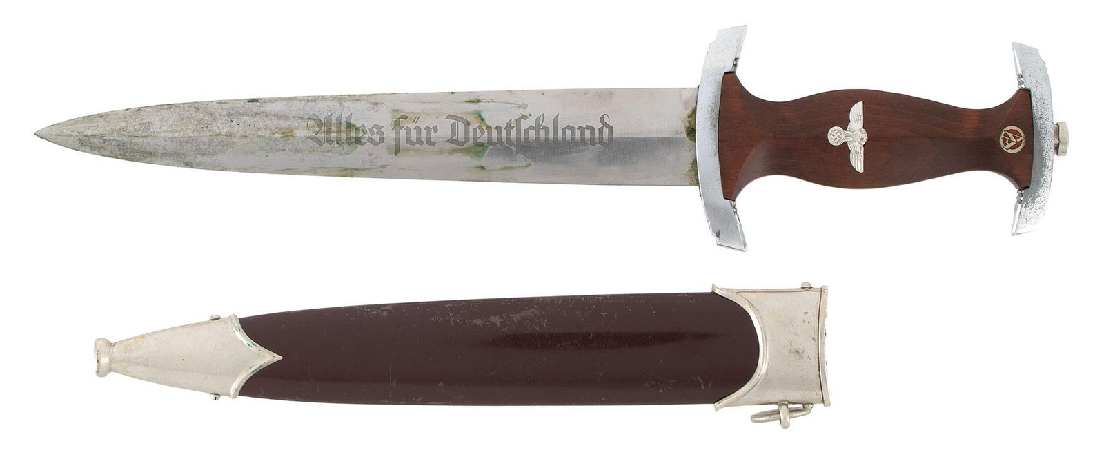 1933 German SA Dagger: 8.75" blade length and overall length of 13.5". Front of the blade marked "Alles Fur Deutscheland". Back of the blade marked in oval "RZM" over "M 7 / 2". Mahogany handle with spread eagle swastika. N